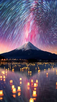 Noite estrelada sobre o lago da montanha com reflexos de lanternas