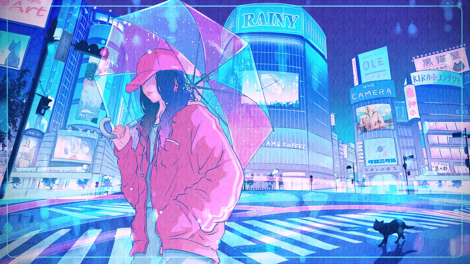 Chica de anime con paraguas caminando bajo la lluvia en la ciudad (chicas, cat, walking in street, paraguas, lloviendo)