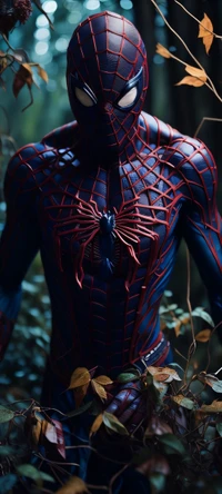 Figura de ação do Homem-Aranha em traje azul elétrico e vermelho com padrão em meio à natureza