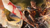 Reiner Braun in a fierce battle, wielding a blood-stained sword amidst a chaotic backdrop from Attack on Titan.