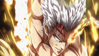 Garou unleashes his fierce power in a dynamic battle scene from One Punch Man.