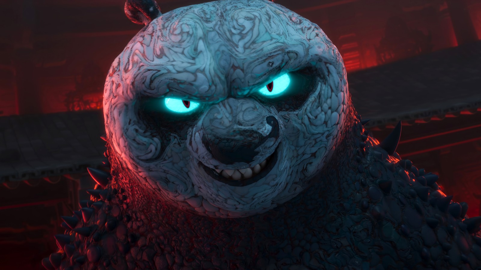 Nahaufnahme eines gruselig aussehenden bären mit leuchtenden augen (kung fu panda 4, film, po)