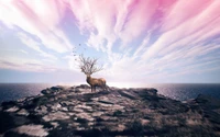 Majestic Deer with Tree Antlers Against a Serene Ocean Horizon