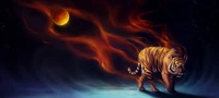 A Bengal tiger strides through a cosmic landscape, with fiery trails and a glowing celestial body illuminating the night sky, blending wildlife with digital art.