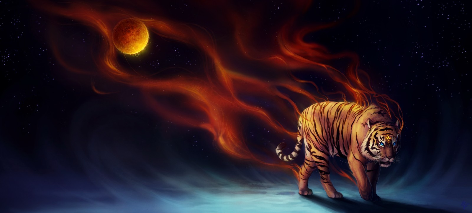 Tigre en el cielo nocturno con una luna llena de fondo (tigre, arte digital, ilustración, tigre de bengala, felidae)