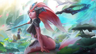 Nami, o espírito Koi, posando graciosamente em águas serenas, incorporando a beleza da arte de League of Legends.