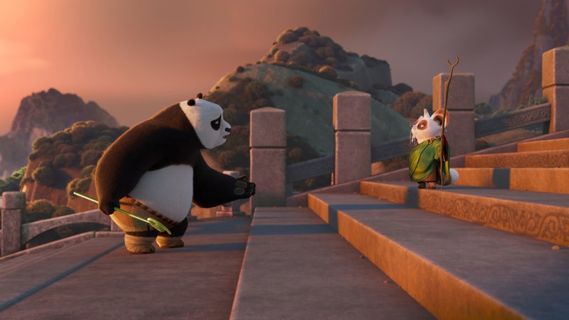 Жираф и панда спускаются по лестнице здания (кунг фу панда 4, kung fu panda 4, фильм, по, po)