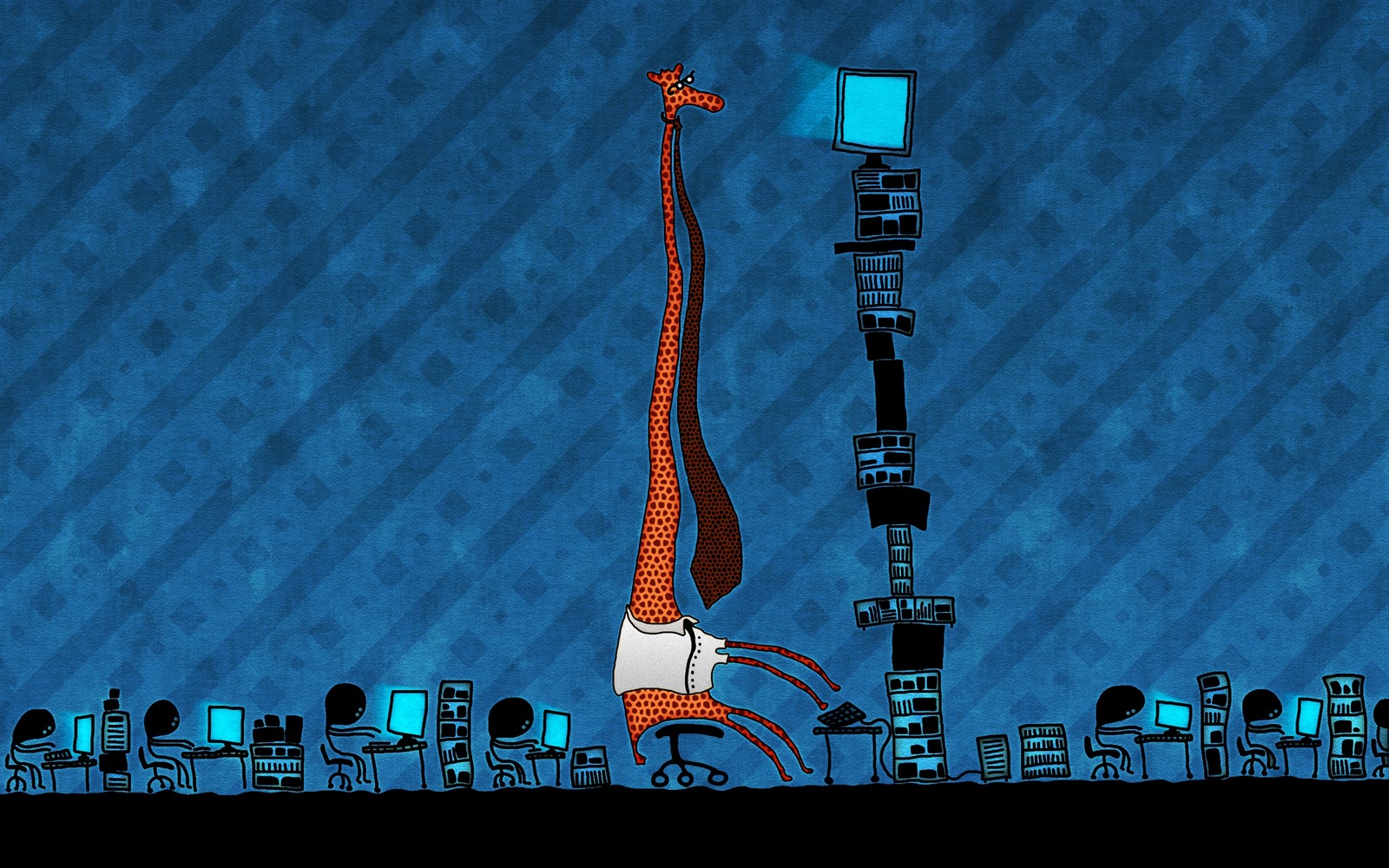 Desenho animado de uma girafa em pé em um poste com um computador em cima (azul, girafa, fofura, recreação, noite)