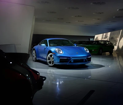 Porsche 911 Carrera GTS Sally Special 2022 em um ambiente de showroom moderno