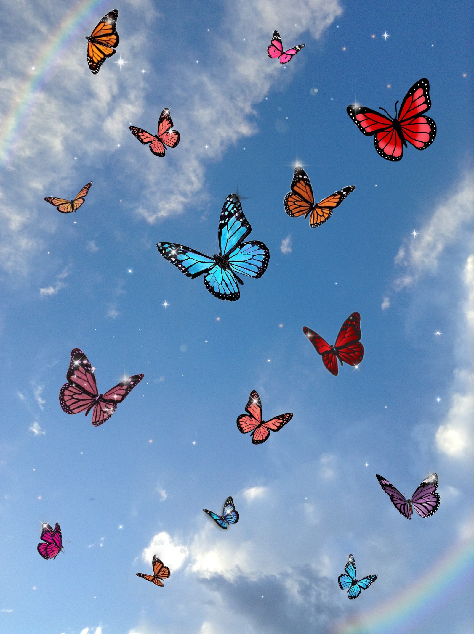 Borboletas voando no céu com um arco-íris ao fundo (estética, bling, borboletas, borboleta, asas)