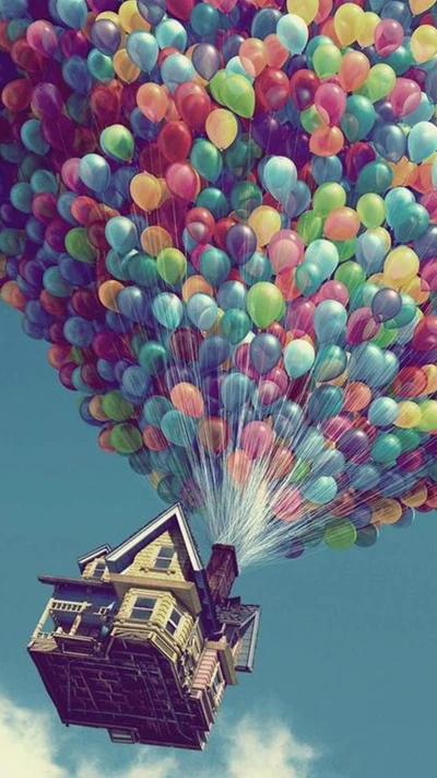 anime, ballons, film, maison, ciel