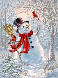 Charming Snowman Surrounded by Cardinels in a Winter Wonderland