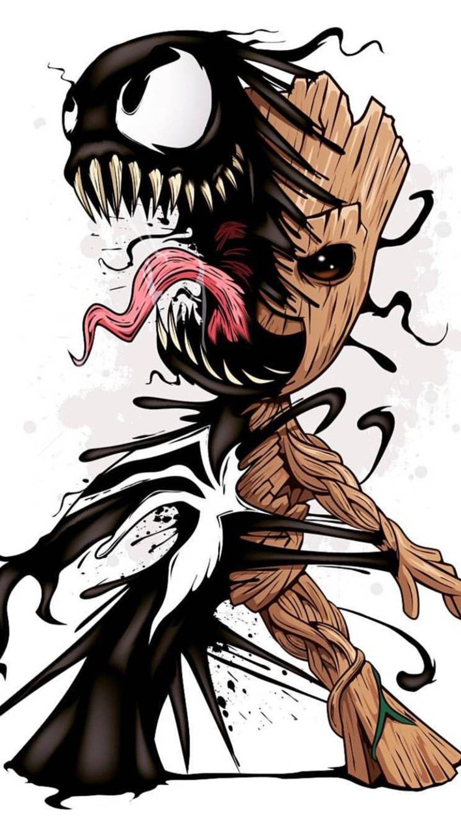 A drawing of a grooter with a spider - man face and a demon like face (groot, venom)