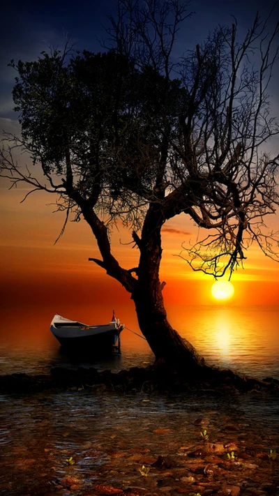 Coucher de soleil majestueux sur la plage sereine avec un arbre solitaire et un bateau