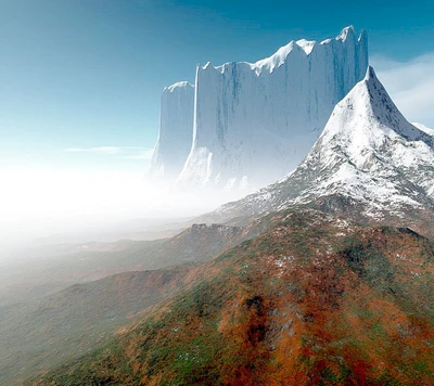 Des montagnes majestueuses couvertes de neige s'élevant au-dessus d'un paysage luxuriant et coloré.