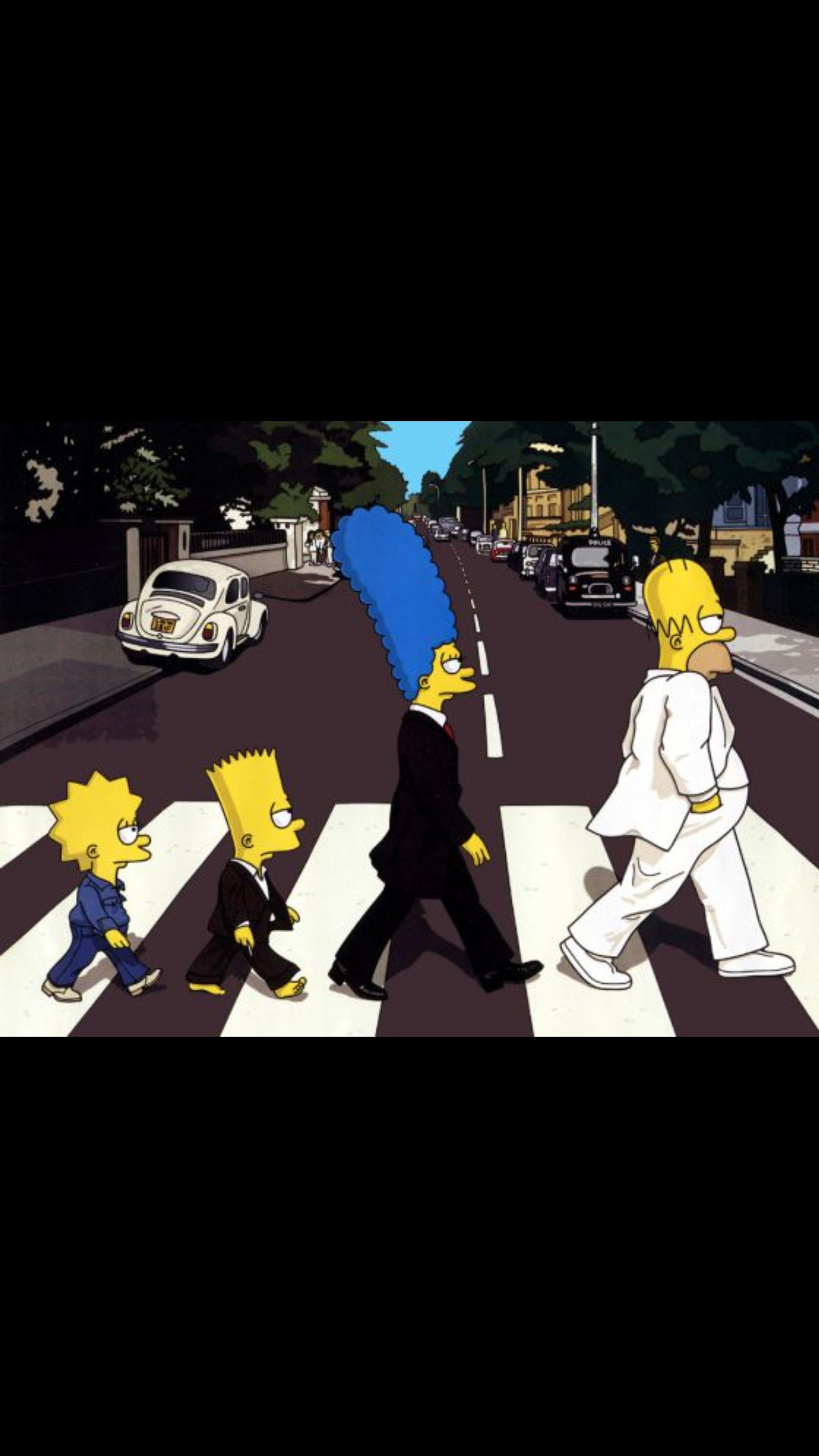 A cartoon picture of a group of people crossing a street (the, simpsons, beetles)