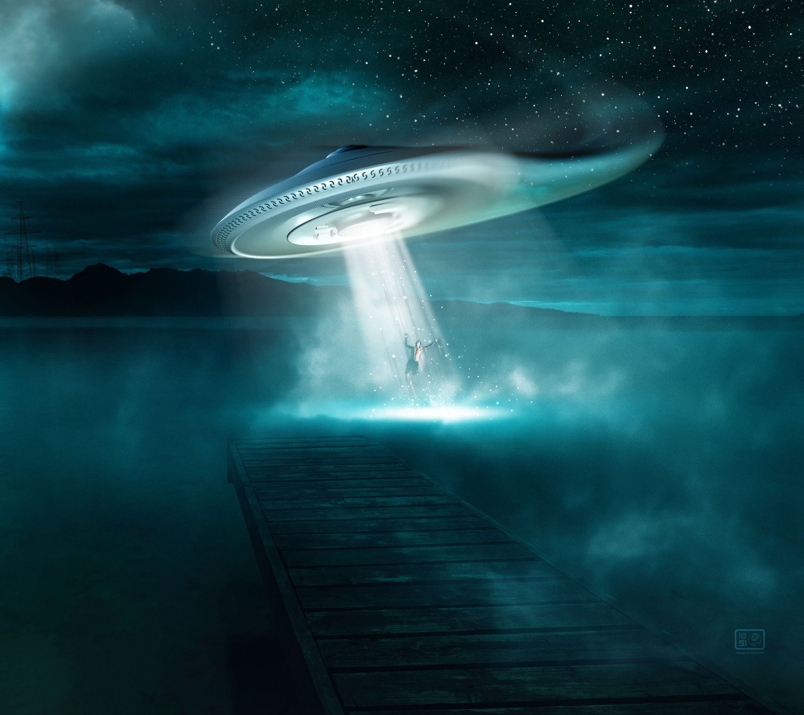 Spaceship flying over a dock with a man standing on it (highway p, r highway)