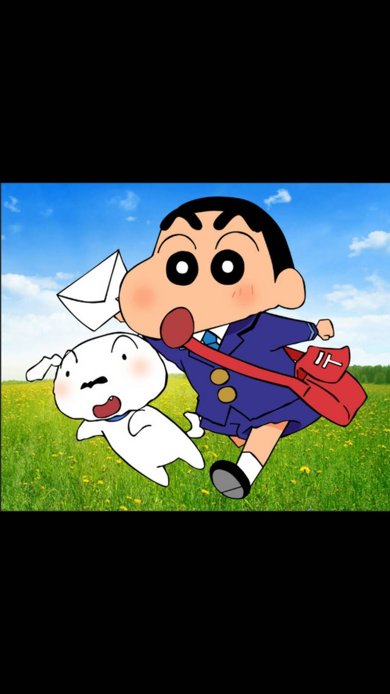 Мультяшный мальчик, бегущий с сумкой и собакой (шин чан, shin chan, широ, shiro)