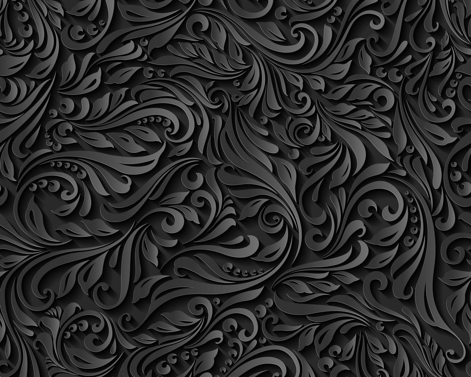 A black background with a pattern of swirly leaves (abstract, landscape, love, nature, view)