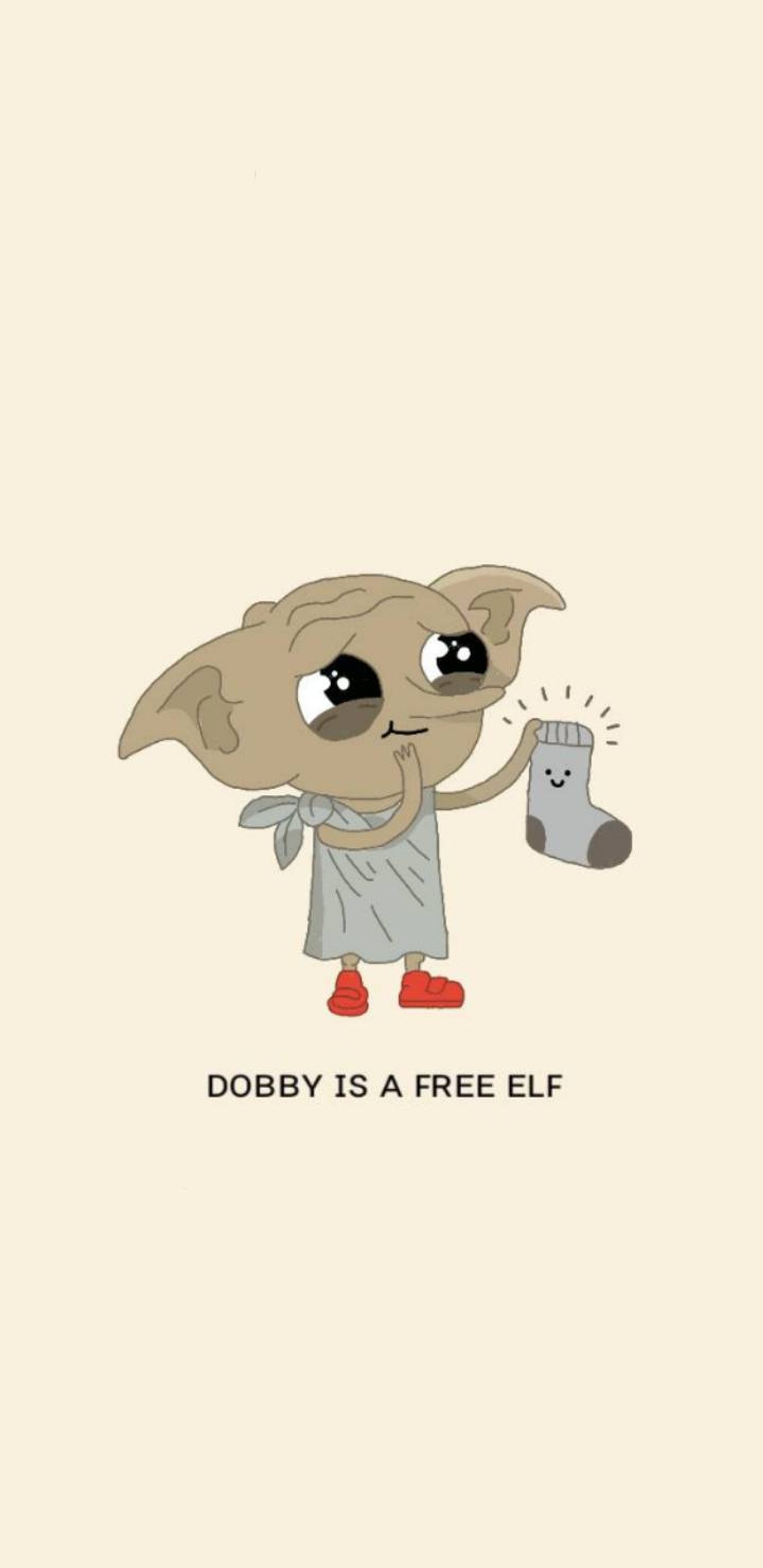 Un dessin animé d'un chien tenant une chaussette avec une légende disant "dobby est un elfe libre" (livres, dobby, dobby est libre, films, free elf)