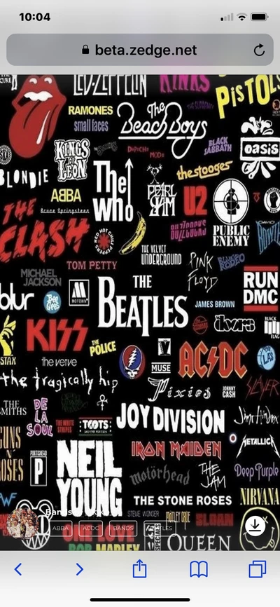 Un collage de logos et noms de groupes emblématiques de divers genres musicaux, célébrant la diversité de la culture rock et pop.