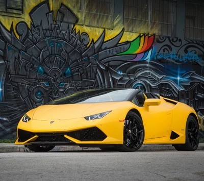 Gelber Lamborghini Spyder gegen eine lebendige Graffiti-Wand in Italien