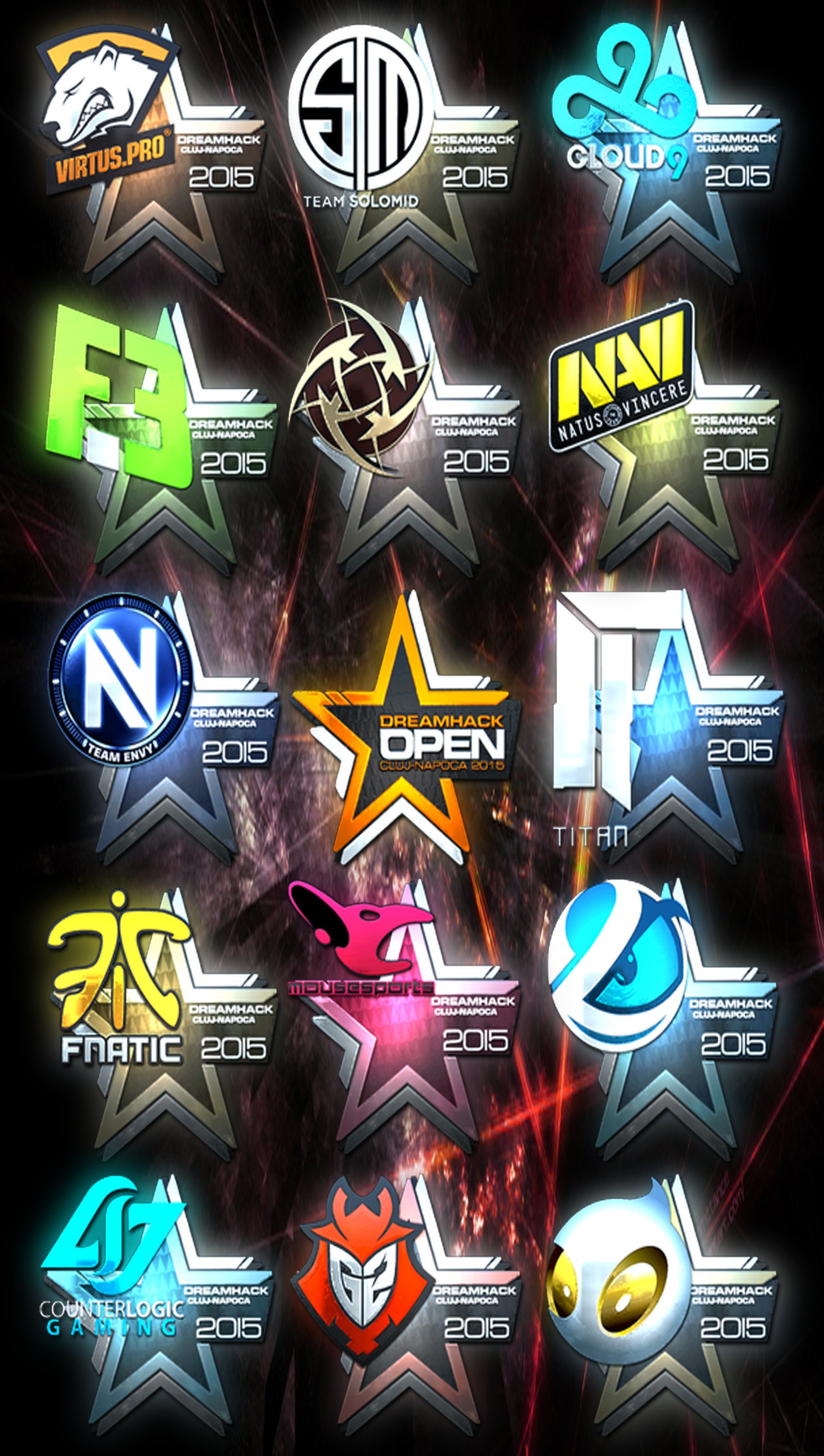 Um close em um pôster com muitos logotipos diferentes (cs go, csgo, dreamhack, envyus, fnatic)