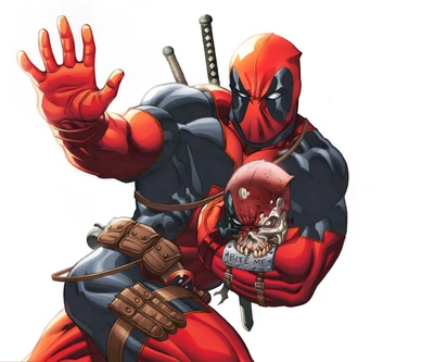 Deadpool Showcasing His Unique Style with a Skull Prop and Bold Attitude