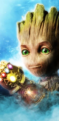 A whimsical portrayal of Groot holding the Infinity Gauntlet, surrounded by a celestial backdrop.