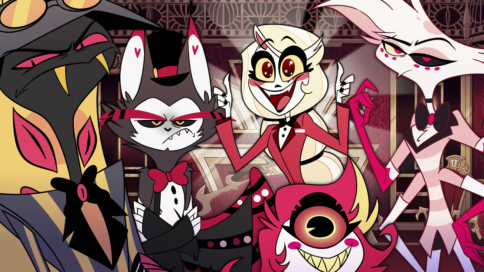 Um grupo de personagens de desenho animado vestidos com fantasias e segurando facas (hazbin hotel, série de televisão, desenho animado, animado, personagens)