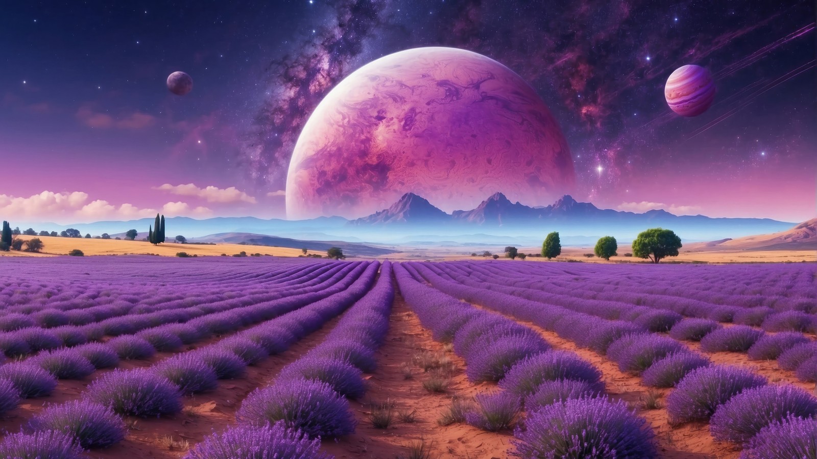 A purple field with planets in the background (purple, flower, moon, planet, scenery)