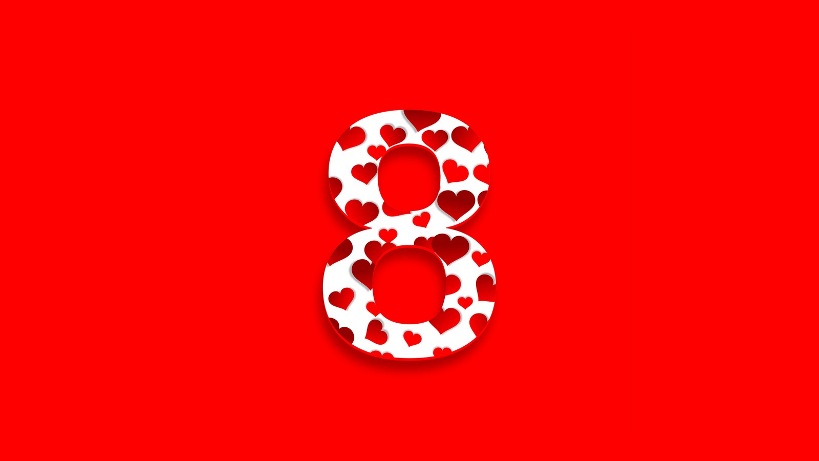 A close up of a number eight with hearts on a red background (womens day, red aesthetic, march 8th, girly backgrounds, hearts)