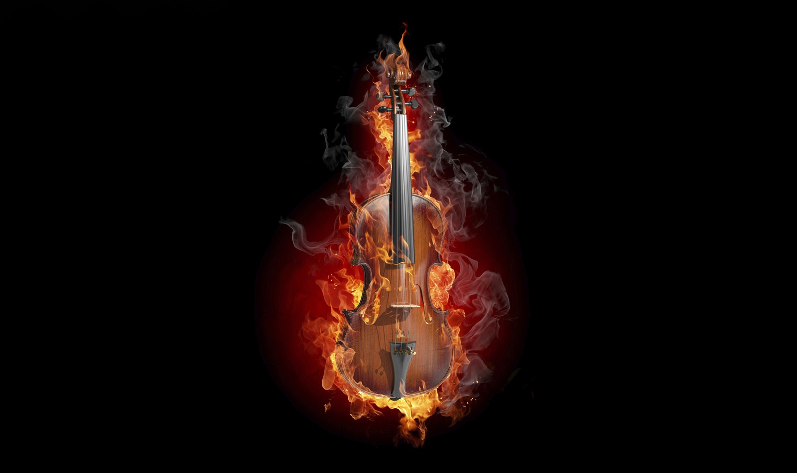 Un violín con una llama en el mástil y un fondo negro (violín, fuego, fondo negro, amoled, oscuro negro)