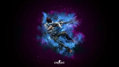 Action dynamique de CSGO avec AK-47 dans une explosion de couleur vibrante