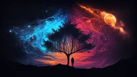 Silueta de un árbol bajo un colorido cielo cósmico por la noche