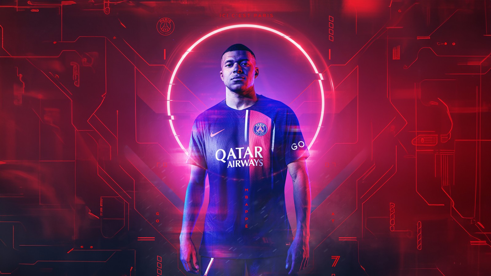 Descargar fondo de pantalla kylian mbappé, fondo de neón, estética roja, futbolista francés, parís saint germain