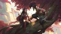 Irelia y Akali en un momento sereno en la cima de un árbol vibrante, con un fondo pintoresco de la naturaleza en un mundo de fantasía.