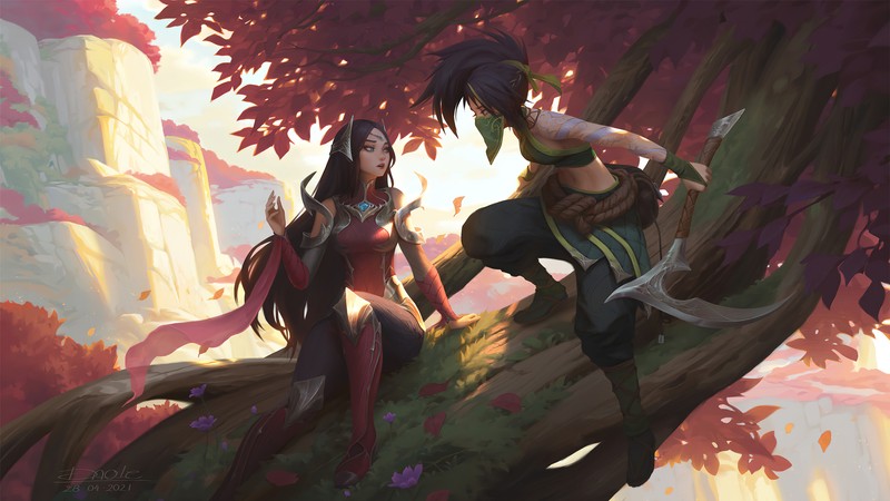 Две женщины в лесу с деревьями и водопадом (irelia, акали, akali, lol, league of legends)