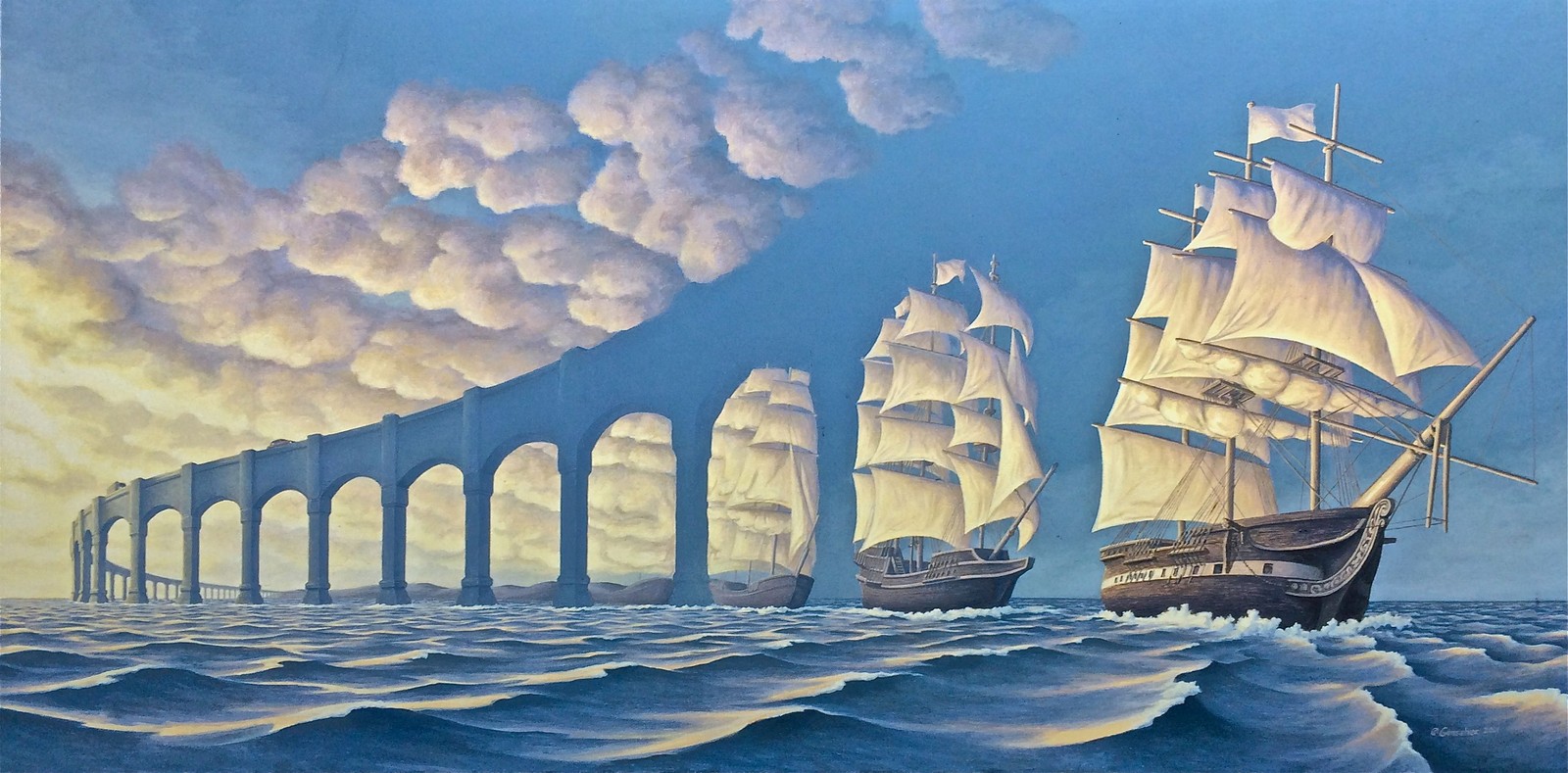 Painting of a ship passing a bridge with a bridge in the background (surrealism, painting, art, work of art, optical illusion)