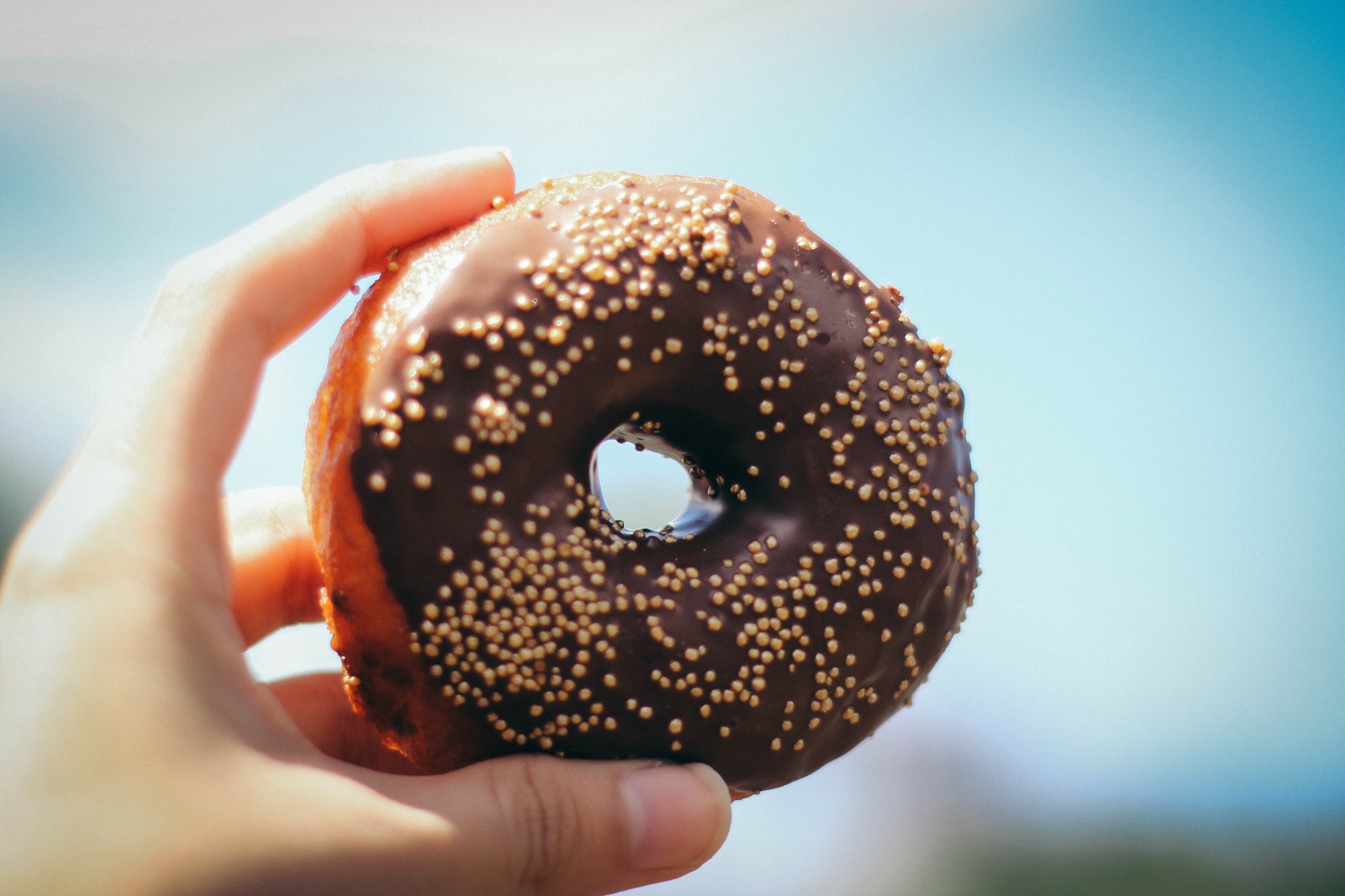 Alguien sosteniendo una dona de chocolate con chispas en su mano (donut, glaseado, pastelería, pastel, chocolate)