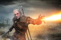 Geralt of Rivia wielding magic in a fierce battle, surrounded by a dramatic landscape.