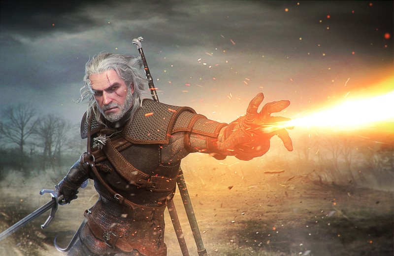 Человек с мечом на поле с огнем (геральт из ривии, geralt of rivia, ведьмак, the witcher, цири)