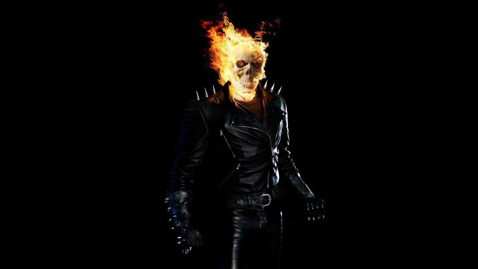 Homme arabe en veste en cuir avec du feu sur la tête et les mains (ghost rider, arrière plan noir, super héros marvel, marvel superheroes, amoled)