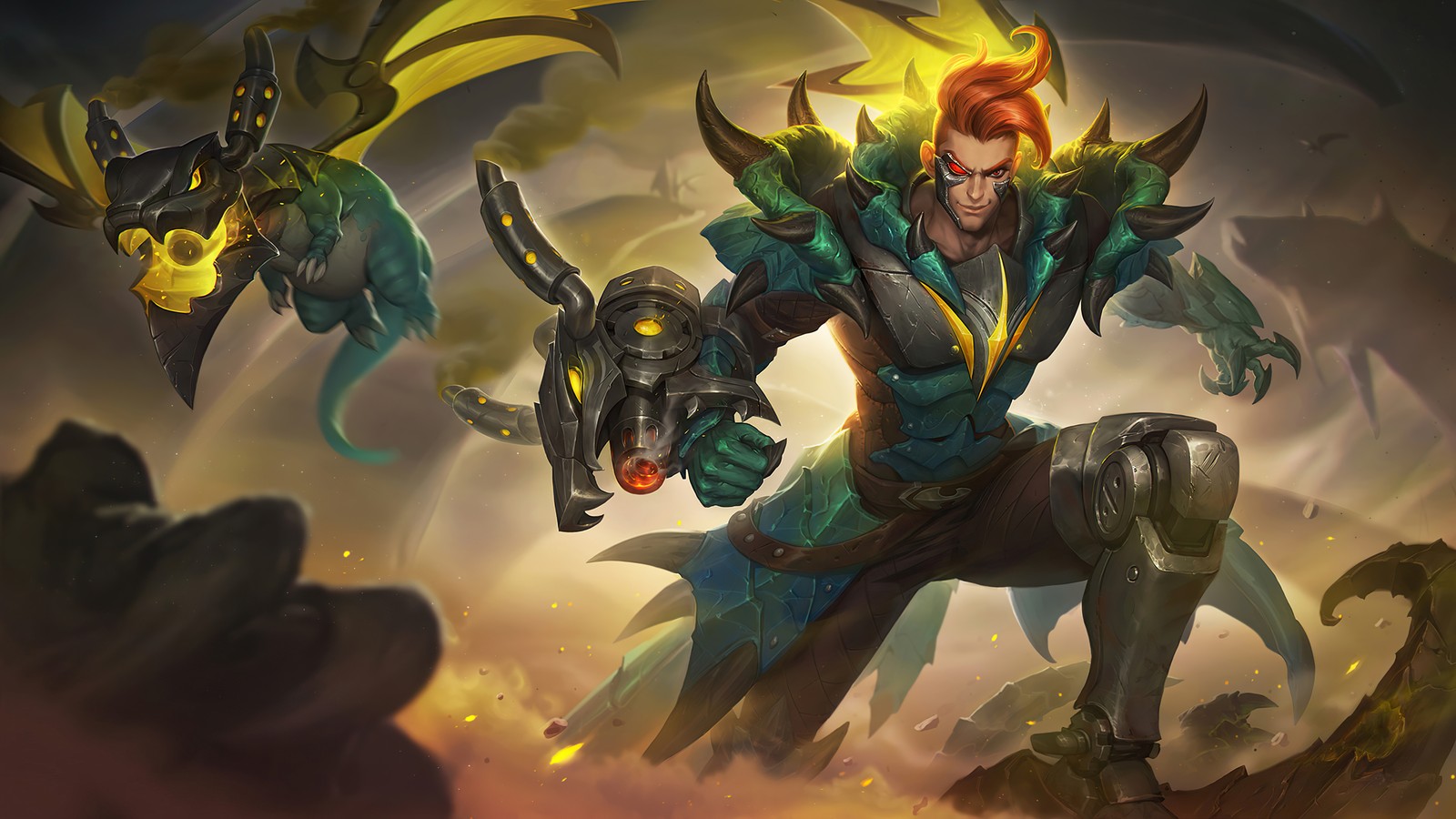 Eine gruppe von charakteren im kampf gegen einen dämon (claude, mecha drache, haut, mobile legends, bang bang)