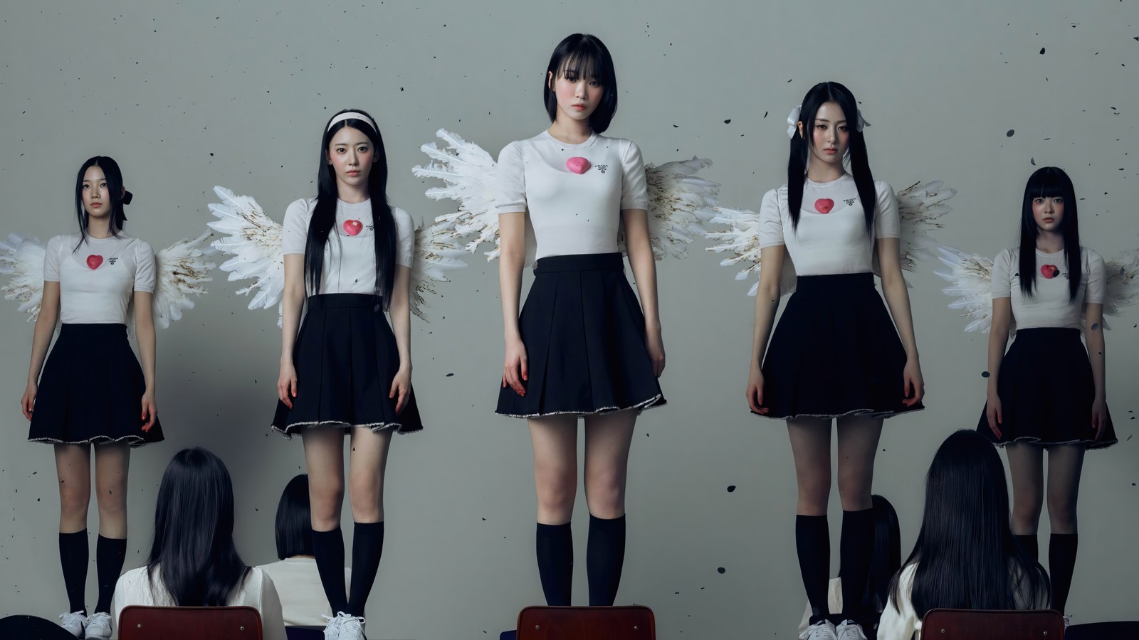 Una imagen difusa de un grupo de jóvenes mujeres vestidas con uniformes escolares (le sserafim, 르세라핌, kpop, coreano, grupo de chicas)