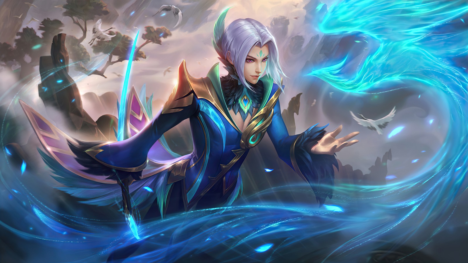 Une femme en robe bleue avec un dragon bleu sur son épaule (ling, mobile legends, bang bang, ml, mlbb)