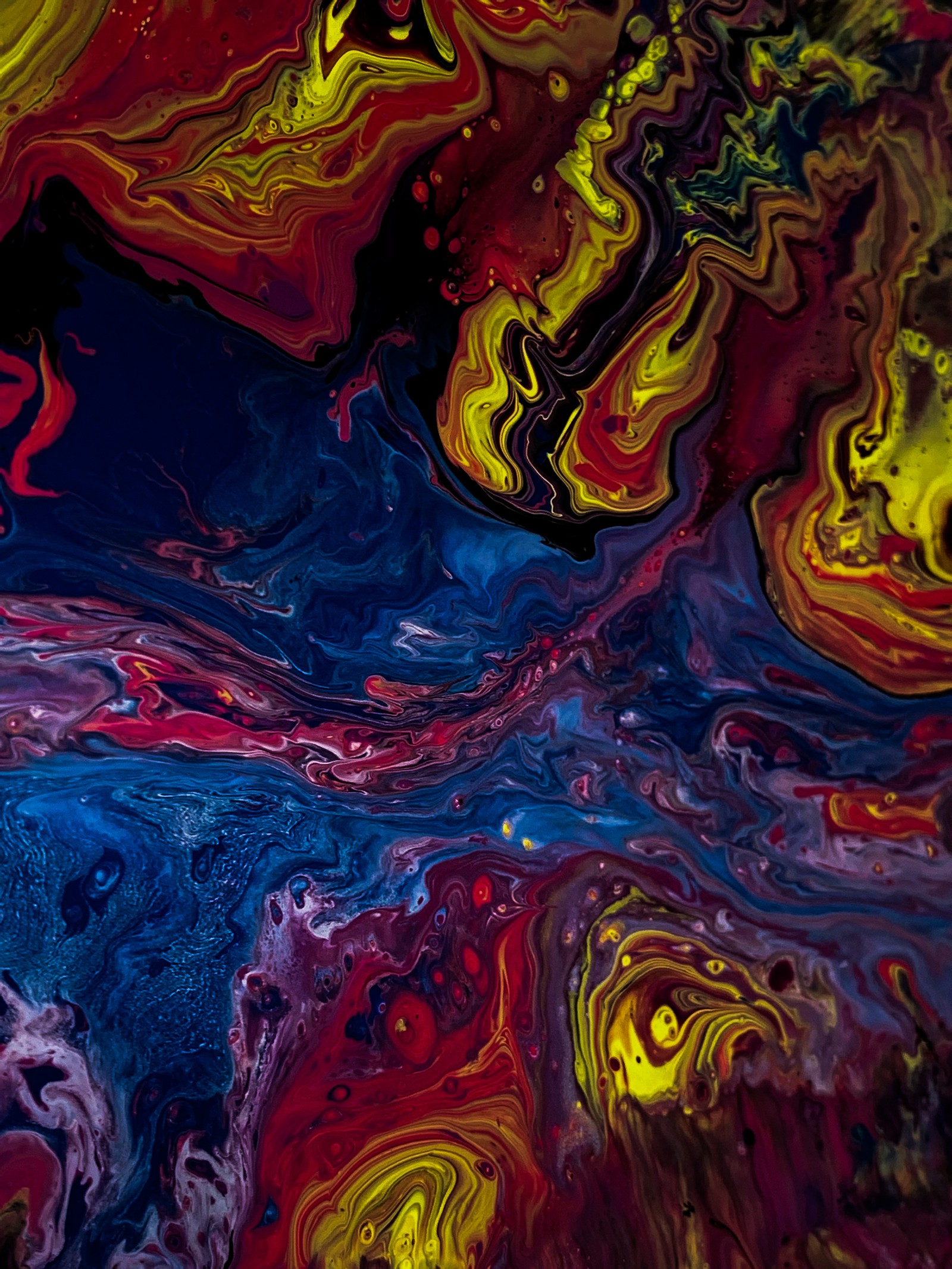 A close up of a colorful painting with a black background (abstract art, visual arts, acrylic paint, watercolor painting, art)