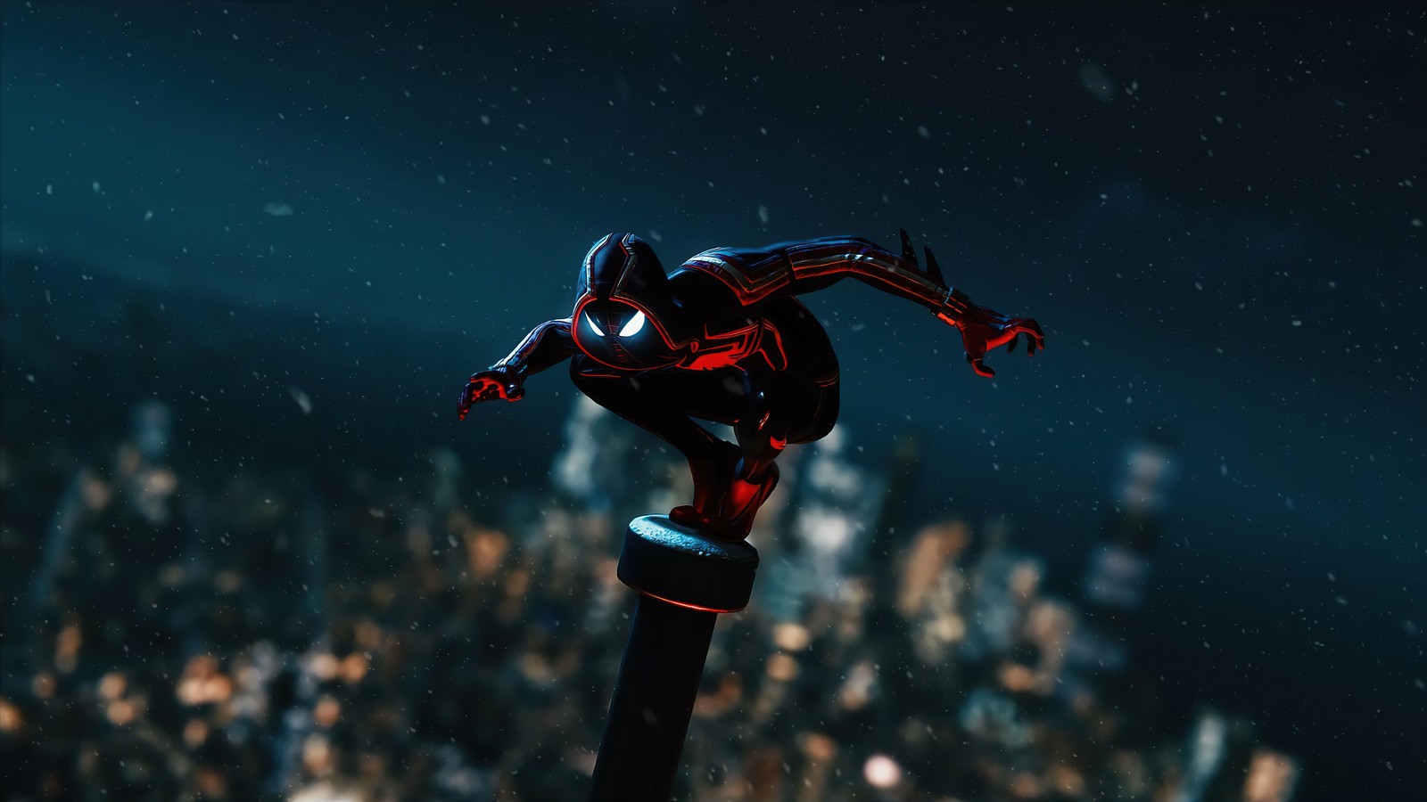 Spider-man dans la ville la nuit (marvels spider man miles morales, playstation 5, ps5, ps4, jeu vidéo)