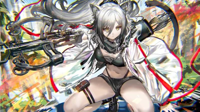 Anime-Mädchen mit Armbrust in dynamischer Actionpose - Arknights