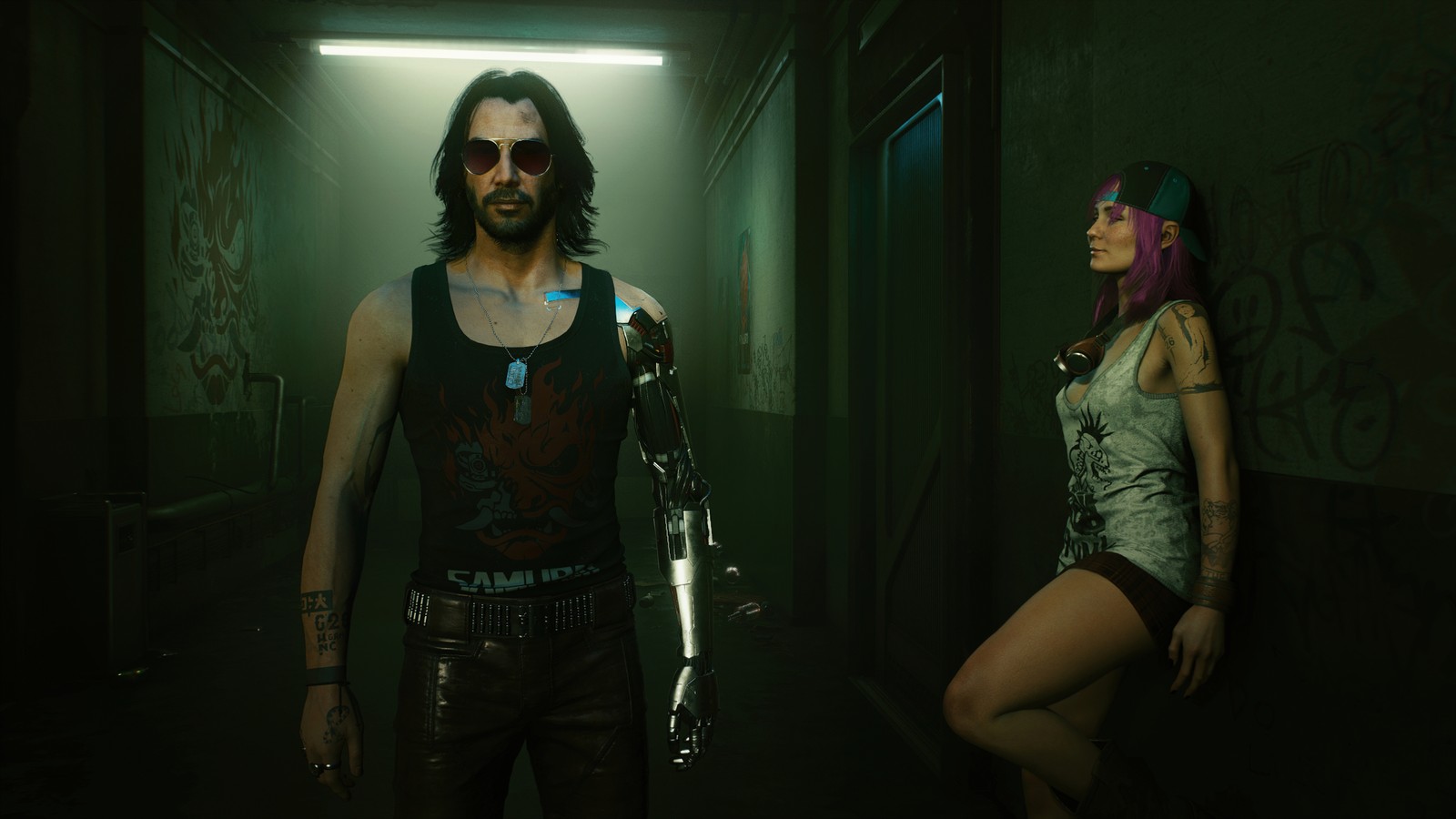 Imagen árabe de un hombre y una mujer en un pasillo oscuro (cyberpunk 2077, videojuego, johnny silverhand)